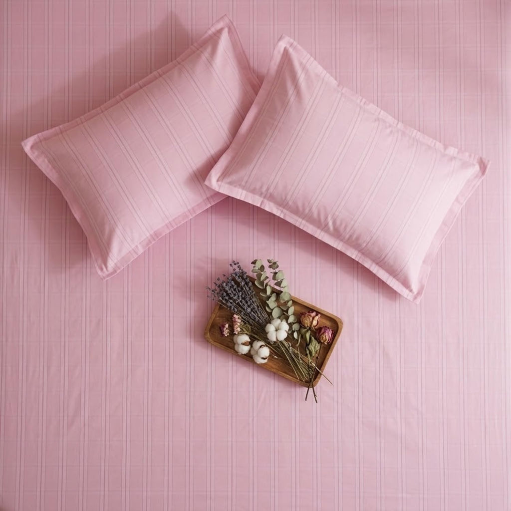 Dream Weaverz Cloud-Cotton King Size Striped Bedsheet with 2 Pillow Covers, 220 TC|Pink