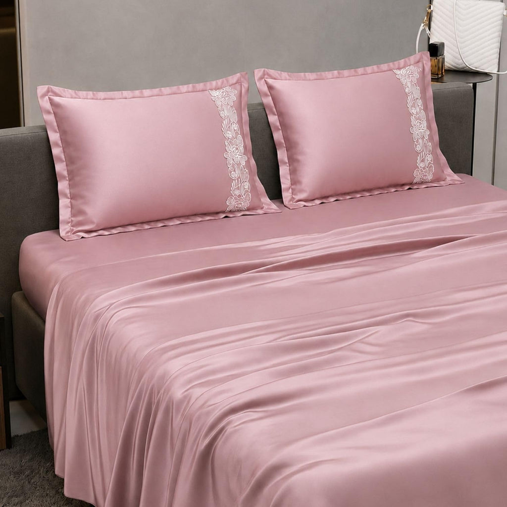 Dream Weaverz Satin Bedsheets King Size, 3-Piece Bedding Set 300 Thread Count Bedsheet & 2 Floral Lace Covers | Prevents Wrinkles, Tangles & Frizz | Retains Moisture, Pink