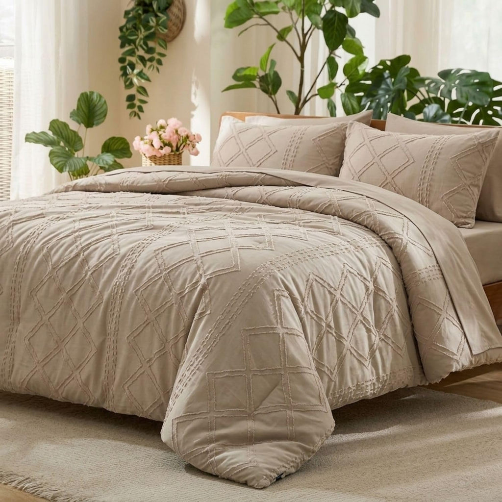 Dream Weaverz Jacquard Bedsheets King Size, 4-Piece Cotton Set Double King Bed | AC Comforter, Flat Sheet & 2 Matching Pillow Covers | Soft, Breathable & Skin-Friendly Self Design, Beige