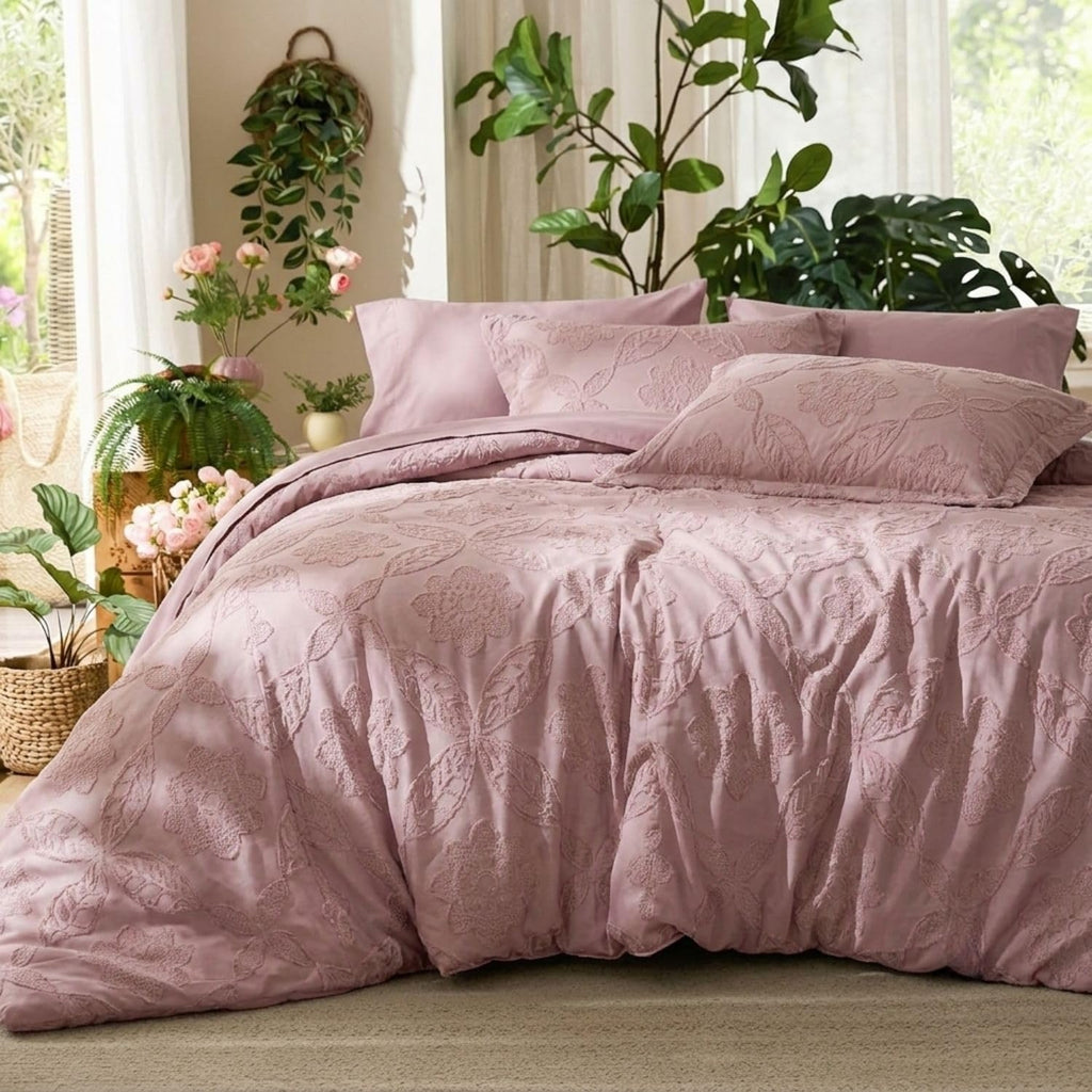 Dream Weaverz Jacquard Bedsheets King Size, 4-Piece Cotton Set Double King Bed | AC Comforter, Flat Sheet & 2 Matching Pillow Covers | Soft, Breathable & Skin-Friendly Self Design, Rose