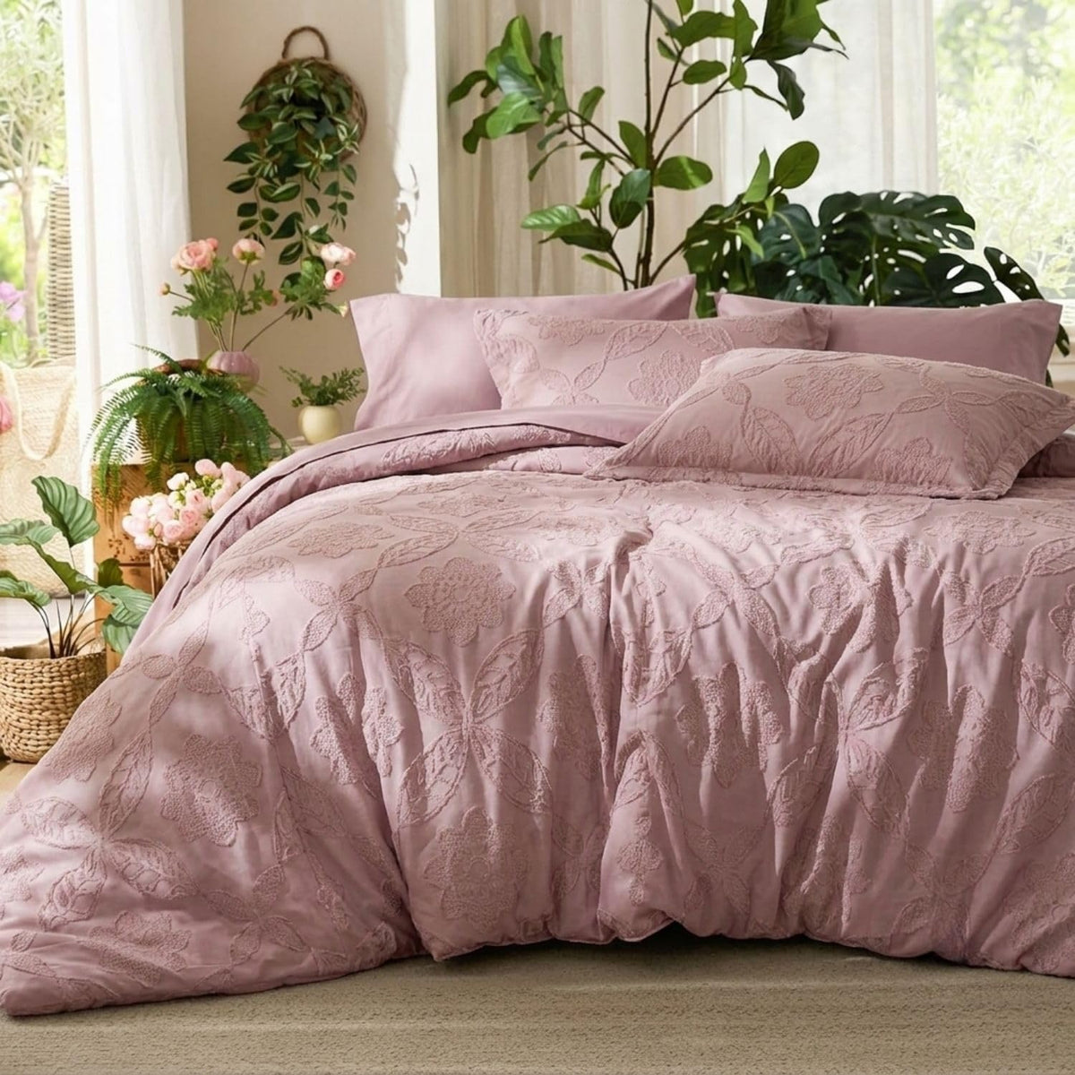 Dream Weaverz Jacquard Bedsheets King Size, 4-Piece Cotton Set Double King Bed | AC Comforter, Flat Sheet & 2 Matching Pillow Covers | Soft, Breathable & Skin-Friendly Self Design, Rose