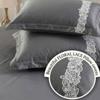 Dream Weaverz Satin Bedsheets King Size, 3-Piece Bedding Set 300 Thread Count Bedsheet & 2 Floral Lace Covers | Prevents Wrinkles, Tangles & Frizz | Retains Moisture, Grey