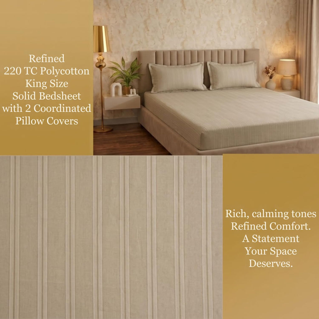 Dream Weaverz Cloud-Cotton King Size Striped Bedsheet with 2 Pillow Covers, 220 TC|Beige