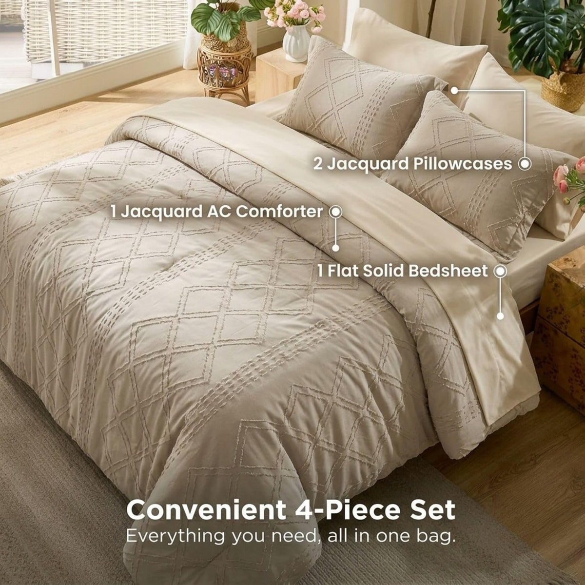 Dream Weaverz Jacquard Bedsheets King Size, 4-Piece Cotton Set Double King Bed | AC Comforter, Flat Sheet & 2 Matching Pillow Covers | Soft, Breathable & Skin-Friendly Self Design, Beige