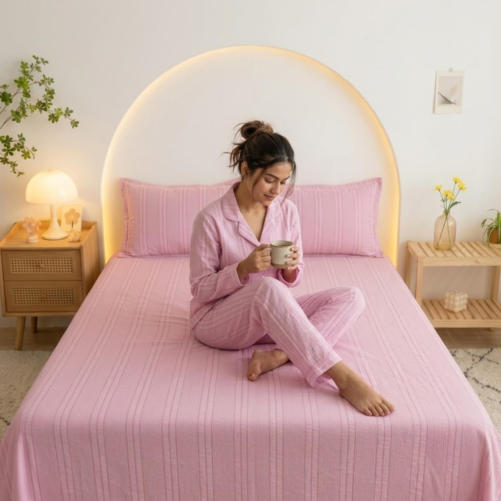 Dream Weaverz Cloud-Cotton King Size Striped Bedsheet with 2 Pillow Covers, 220 TC|Pink