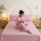 Dream Weaverz Cloud-Cotton King Size Striped Bedsheet with 2 Pillow Covers, 220 TC|Pink
