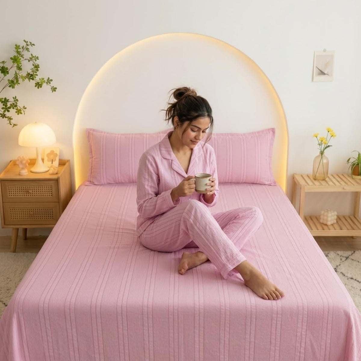 Dream Weaverz Cloud-Cotton King Size Striped Bedsheet with 2 Pillow Covers, 220 TC|Pink