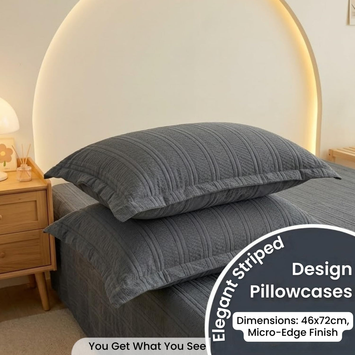Dream Weaverz Cloud-Cotton King Size Striped Bedsheet with 2 Pillow Covers, 220 TC|Dark Grey
