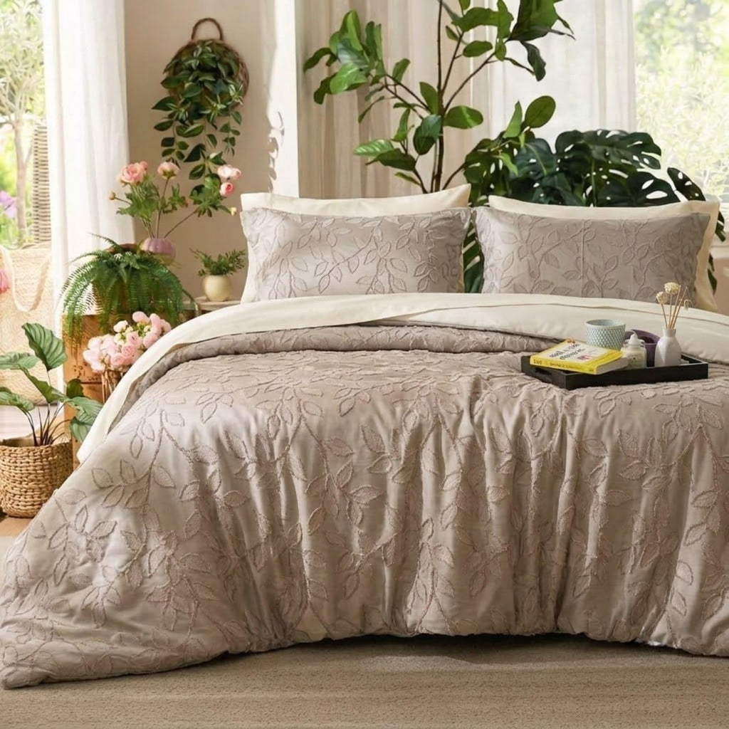 Dream Weaverz Jacquard Bedsheets King Size, 4-Piece Cotton Set Double King Bed | AC Comforter, Flat Sheet & 2 Matching Pillow Covers | Soft, Breathable & Skin-Friendly Self Design, Taupe