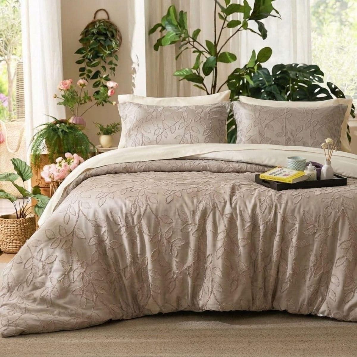 Dream Weaverz Jacquard Bedsheets King Size, 4-Piece Cotton Set Double King Bed | AC Comforter, Flat Sheet & 2 Matching Pillow Covers | Soft, Breathable & Skin-Friendly Self Design, Taupe