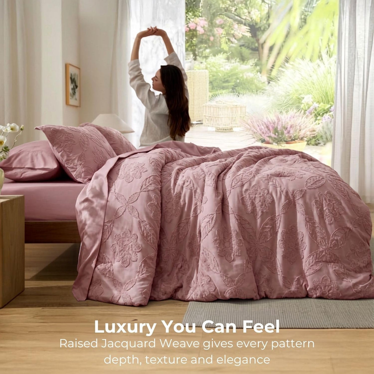 Dream Weaverz Jacquard Bedsheets King Size, 4-Piece Cotton Set Double King Bed | AC Comforter, Flat Sheet & 2 Matching Pillow Covers | Soft, Breathable & Skin-Friendly Self Design, Rose
