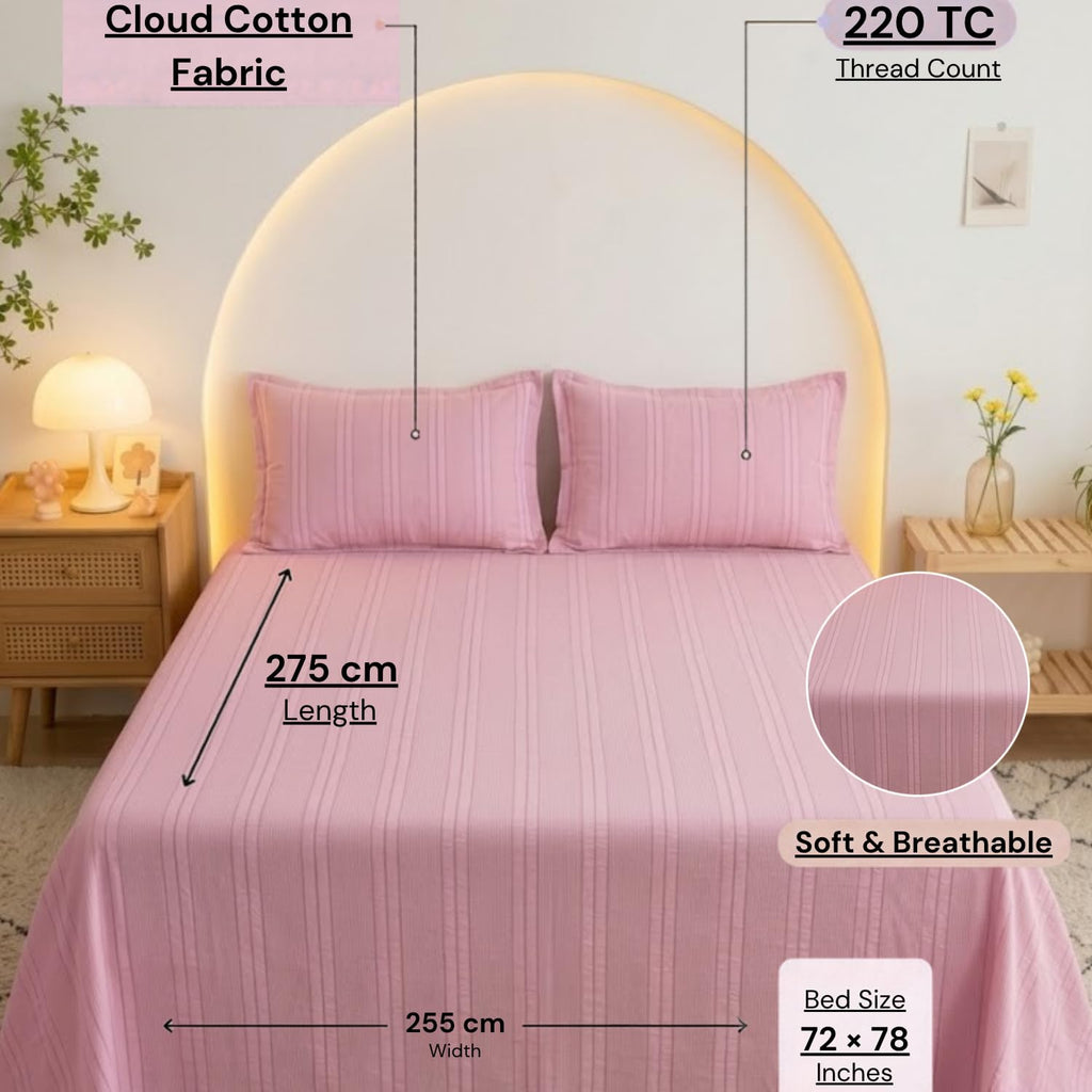 Dream Weaverz Cloud-Cotton King Size Striped Bedsheet with 2 Pillow Covers, 220 TC|Pink