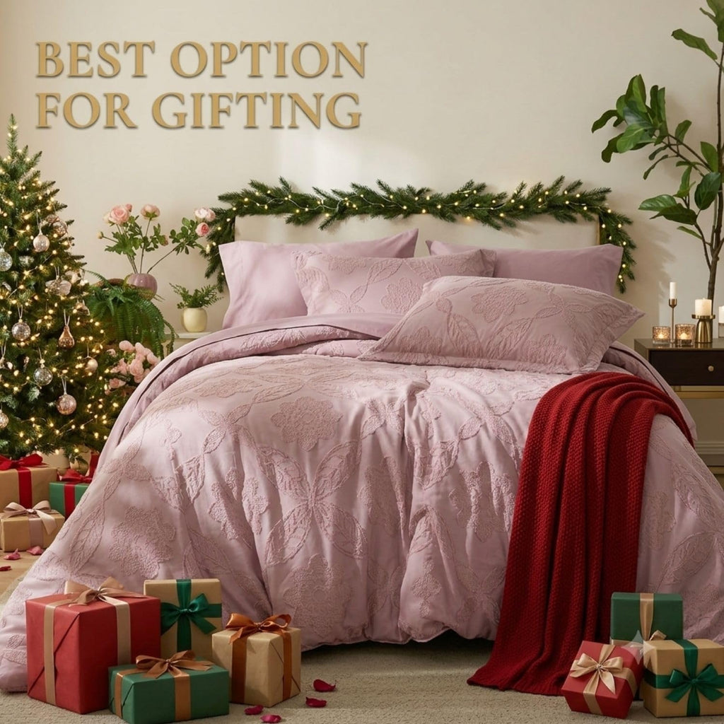 Dream Weaverz Jacquard Bedsheets King Size, 4-Piece Cotton Set Double King Bed | AC Comforter, Flat Sheet & 2 Matching Pillow Covers | Soft, Breathable & Skin-Friendly Self Design, Rose