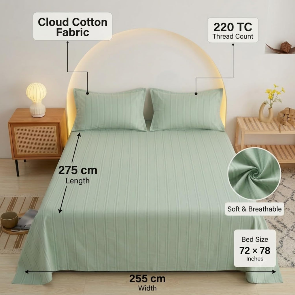 Dream Weaverz Cloud-Cotton King Size Striped Bedsheet with 2 Pillow Covers, 220 TC|Mint Green