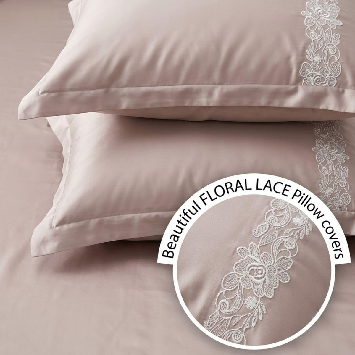 Dream Weaverz Satin Bedsheets King Size, 3-Piece Bedding Set 300 Thread Count Bedsheet & 2 Floral Lace Covers | Prevents Wrinkles, Tangles & Frizz | Retains Moisture, Rose