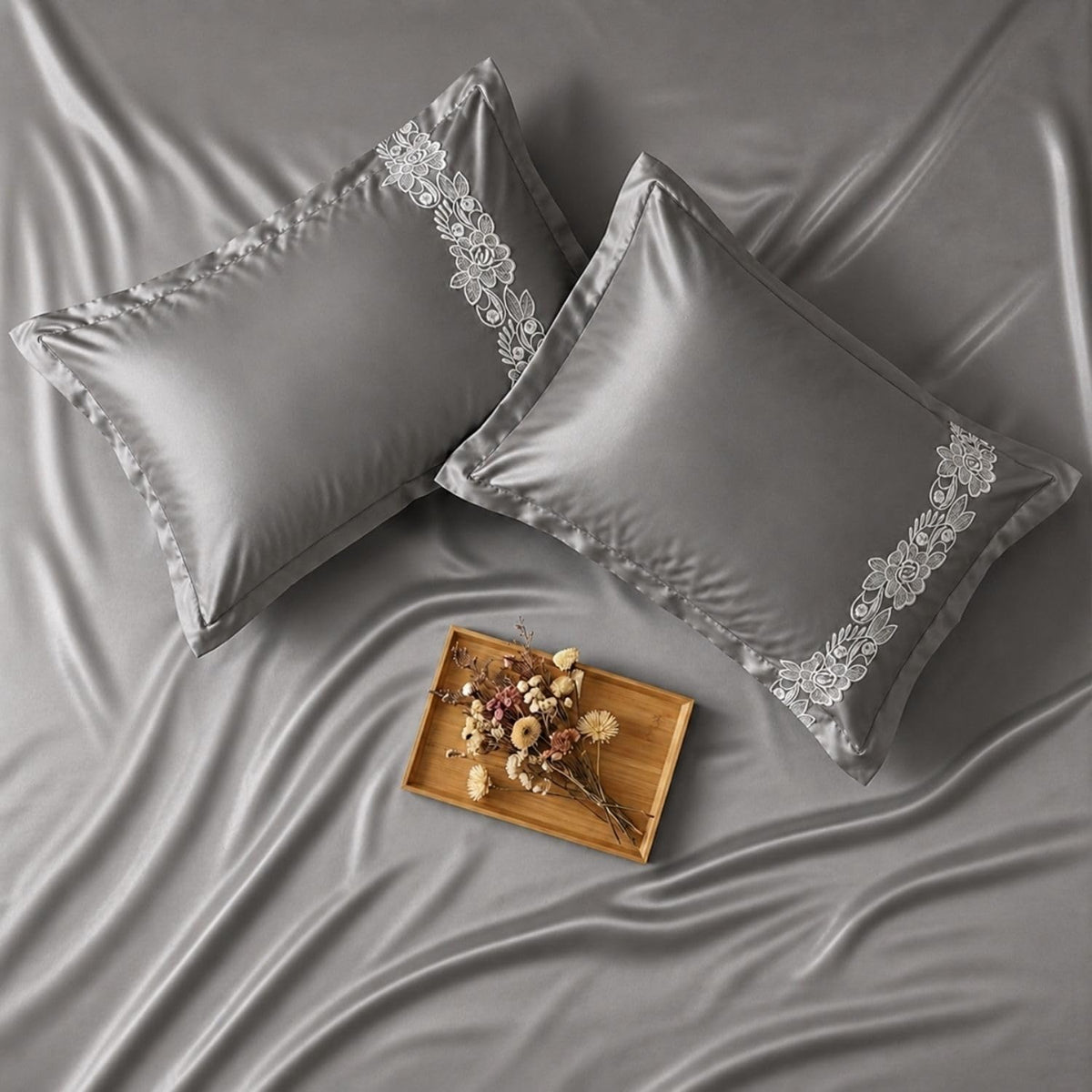 Dream Weaverz Satin Bedsheets King Size, 3-Piece Bedding Set 300 Thread Count Bedsheet & 2 Floral Lace Covers | Prevents Wrinkles, Tangles & Frizz | Retains Moisture, Grey