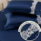 Dream Weaverz Satin Bedsheets King Size, 3-Piece Bedding Set 300 Thread Count Bedsheet & 2 Floral Lace Covers | Prevents Wrinkles, Tangles & Frizz | Retains Moisture, Navy
