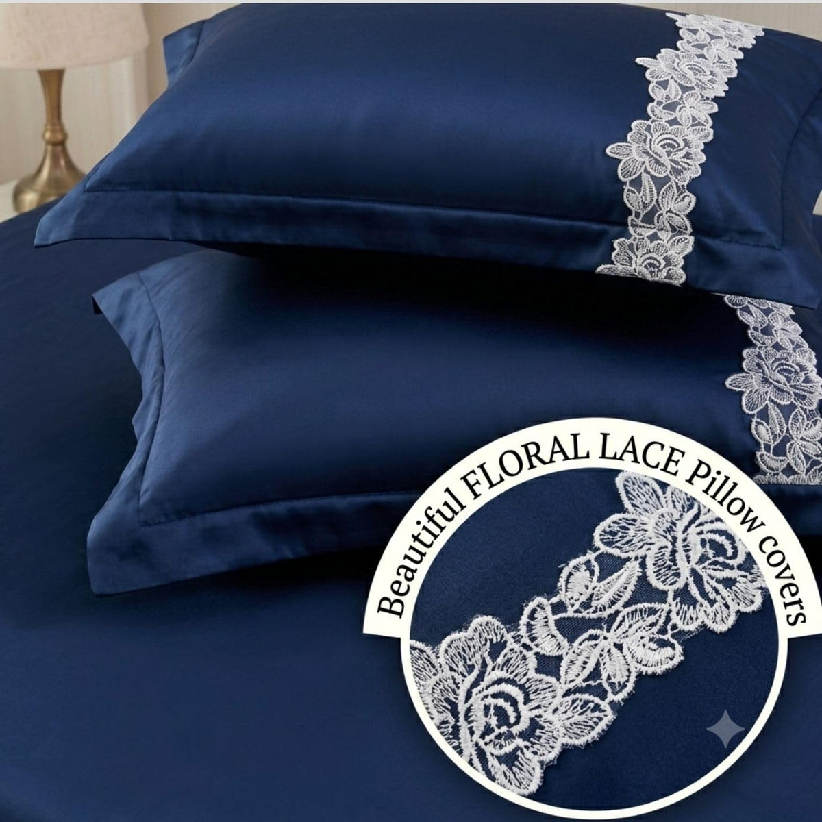 Dream Weaverz Satin Bedsheets King Size, 3-Piece Bedding Set 300 Thread Count Bedsheet & 2 Floral Lace Covers | Prevents Wrinkles, Tangles & Frizz | Retains Moisture, Navy