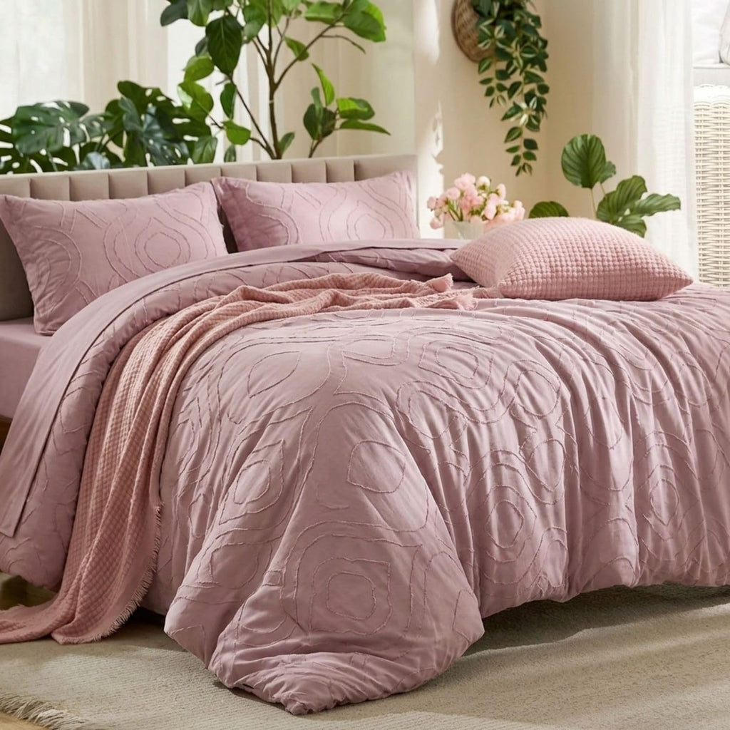 Dream Weaverz Jacquard Bedsheets King Size, 4-Piece Cotton Set Double King Bed | AC Comforter, Flat Sheet & 2 Matching Pillow Covers | Soft, Breathable & Skin-Friendly Self Design, Mauve