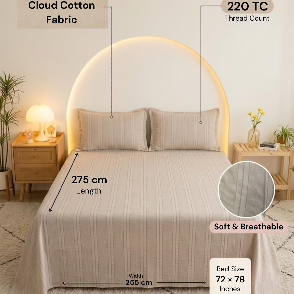 Dream Weaverz Cloud-Cotton King Size Striped Bedsheet with 2 Pillow Covers, 220 TC|Beige