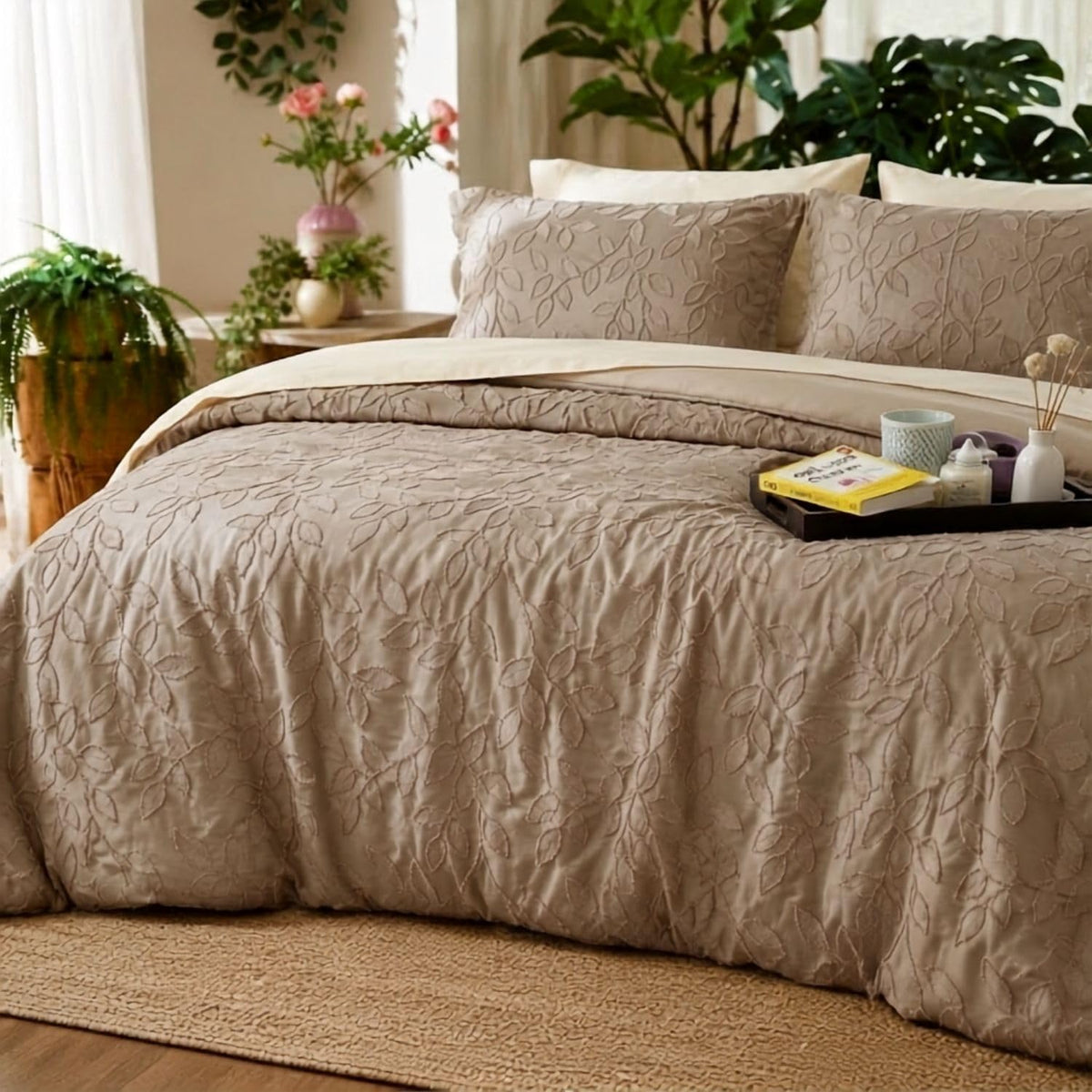 Dream Weaverz Jacquard Bedsheets King Size, 4-Piece Cotton Set Double King Bed | AC Comforter, Flat Sheet & 2 Matching Pillow Covers | Soft, Breathable & Skin-Friendly Self Design, Taupe
