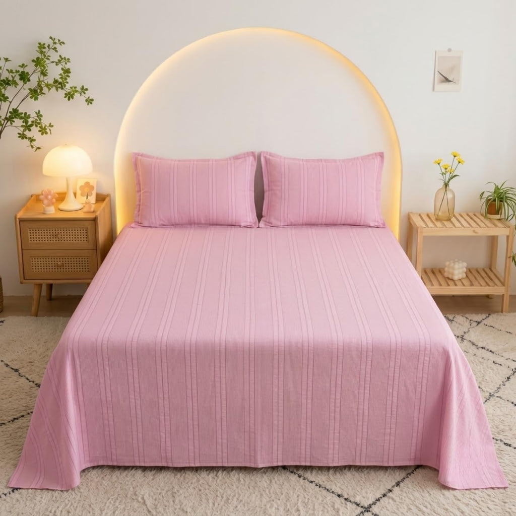 Dream Weaverz Cloud-Cotton King Size Striped Bedsheet with 2 Pillow Covers, 220 TC|Pink