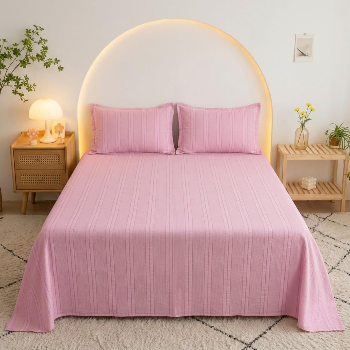 Dream Weaverz Cloud-Cotton King Size Striped Bedsheet with 2 Pillow Covers, 220 TC|Pink
