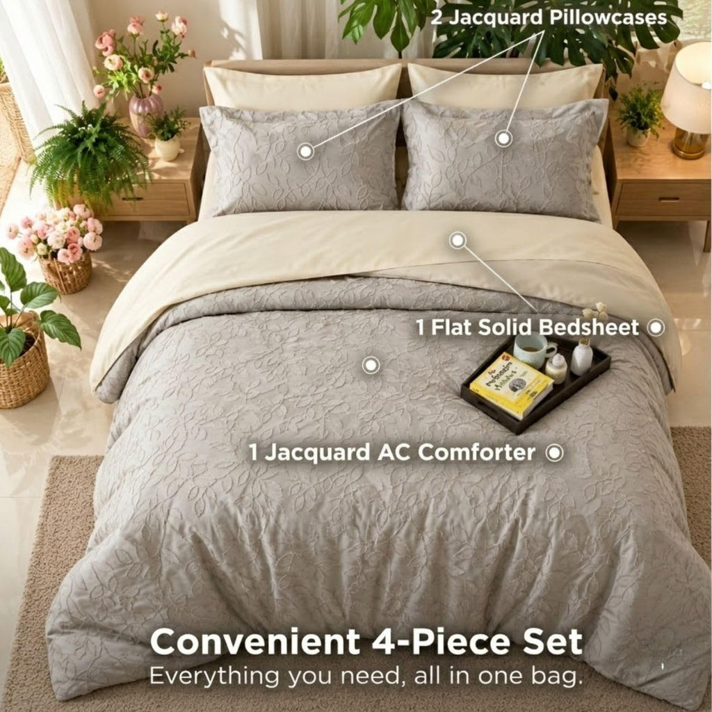 Dream Weaverz Jacquard Bedsheets King Size, 4-Piece Cotton Set Double King Bed | AC Comforter, Flat Sheet & 2 Matching Pillow Covers | Soft, Breathable & Skin-Friendly Self Design, Nude