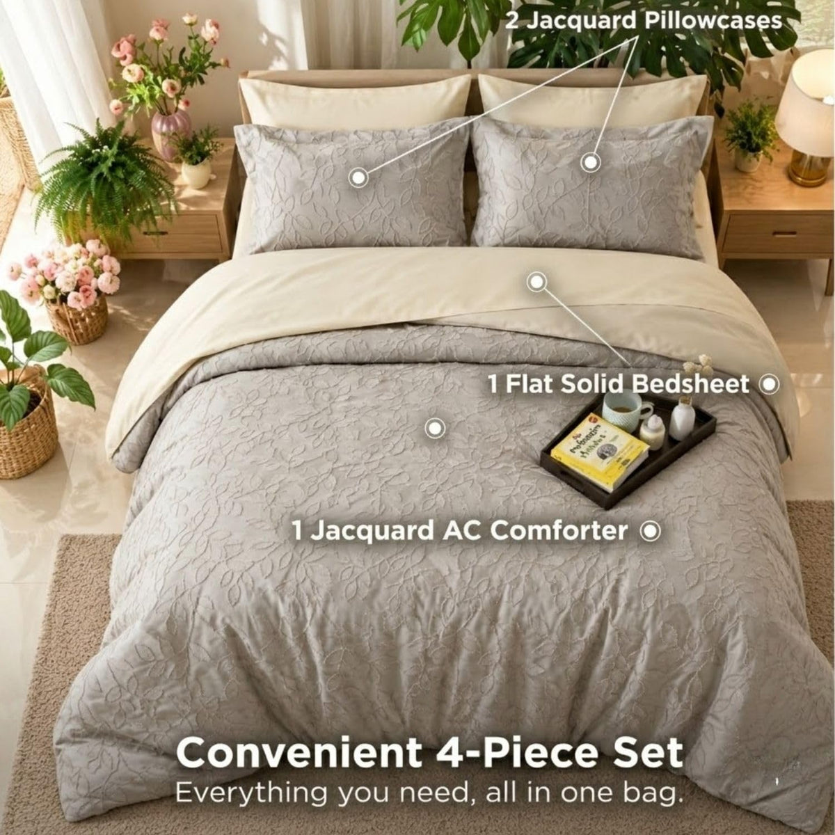 Dream Weaverz Jacquard Bedsheets King Size, 4-Piece Cotton Set Double King Bed | AC Comforter, Flat Sheet & 2 Matching Pillow Covers | Soft, Breathable & Skin-Friendly Self Design, Nude