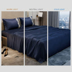 Dream Weaverz Satin Bedsheets King Size, 3-Piece Bedding Set 300 Thread Count Bedsheet & 2 Floral Lace Covers | Prevents Wrinkles, Tangles & Frizz | Retains Moisture, Navy