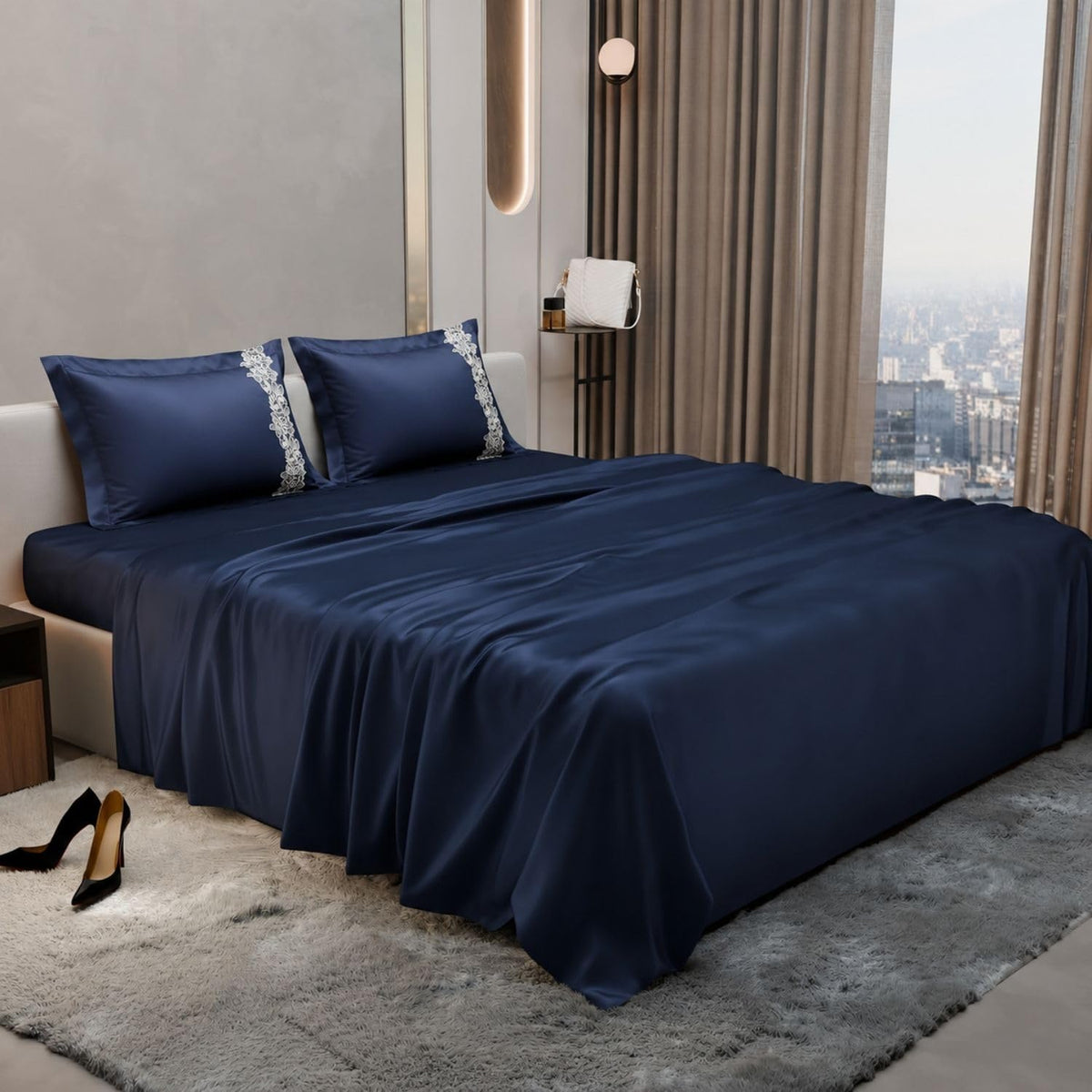 Dream Weaverz Satin Bedsheets King Size, 3-Piece Bedding Set 300 Thread Count Bedsheet & 2 Floral Lace Covers | Prevents Wrinkles, Tangles & Frizz | Retains Moisture, Navy