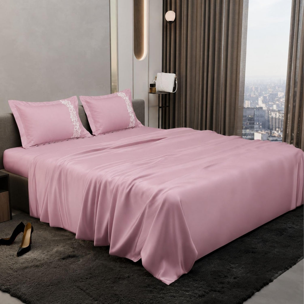 Dream Weaverz Satin Bedsheets King Size, 3-Piece Bedding Set 300 Thread Count Bedsheet & 2 Floral Lace Covers | Prevents Wrinkles, Tangles & Frizz | Retains Moisture, Pink