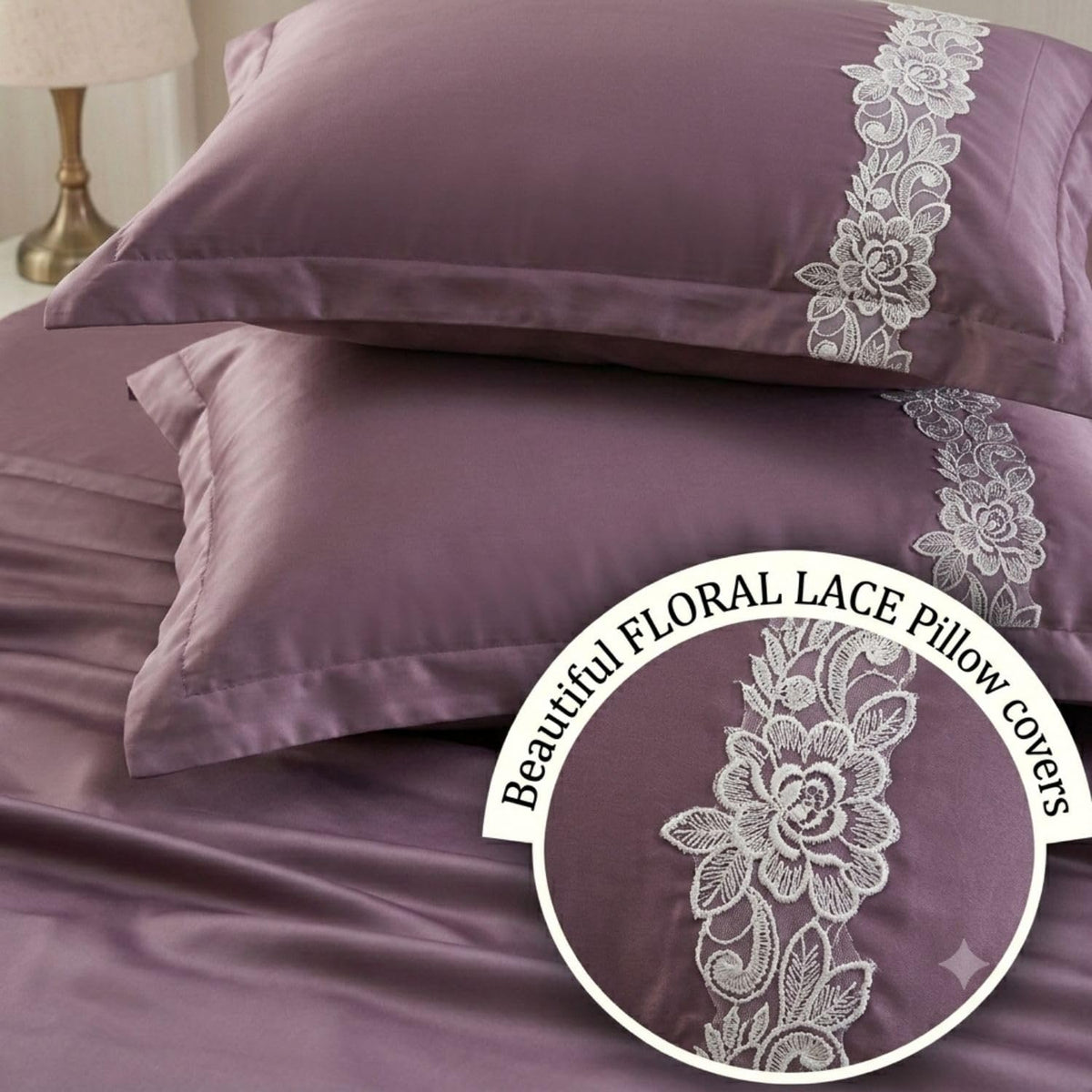 Dream Weaverz Satin Bedsheets King Size, 3-Piece Bedding Set 300 Thread Count Bedsheet & 2 Floral Lace Covers | Prevents Wrinkles, Tangles & Frizz | Retains Moisture, Mauve