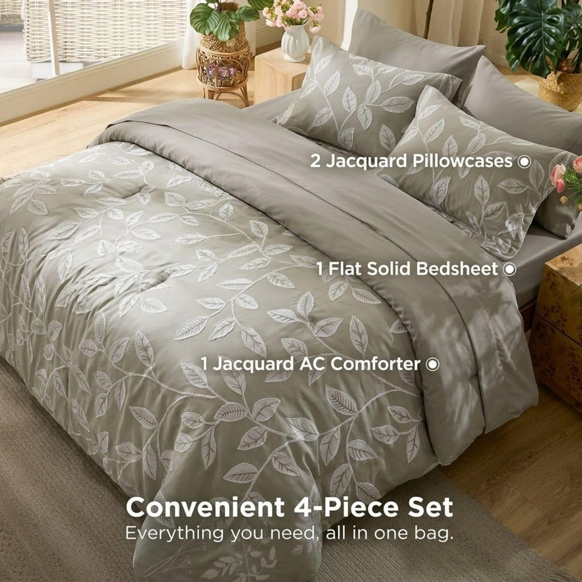Dream Weaverz Jacquard Bedsheets King Size, 4-Piece Cotton Set Double King Bed | AC Comforter, Flat Sheet & 2 Matching Pillow Covers | Soft, Breathable & Skin-Friendly Self Design, Green