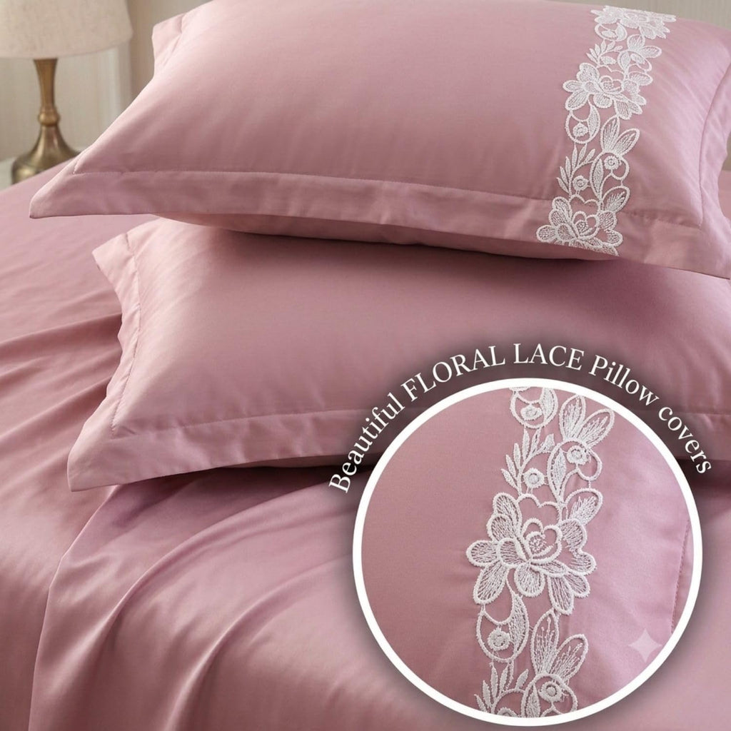 Dream Weaverz Satin Bedsheets King Size, 3-Piece Bedding Set 300 Thread Count Bedsheet & 2 Floral Lace Covers | Prevents Wrinkles, Tangles & Frizz | Retains Moisture, Pink