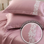 Dream Weaverz Satin Bedsheets King Size, 3-Piece Bedding Set 300 Thread Count Bedsheet & 2 Floral Lace Covers | Prevents Wrinkles, Tangles & Frizz | Retains Moisture, Pink
