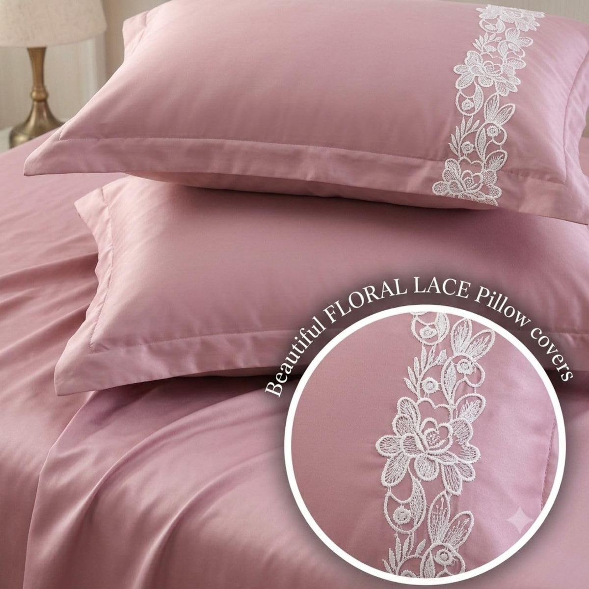 Dream Weaverz Satin Bedsheets King Size, 3-Piece Bedding Set 300 Thread Count Bedsheet & 2 Floral Lace Covers | Prevents Wrinkles, Tangles & Frizz | Retains Moisture, Pink
