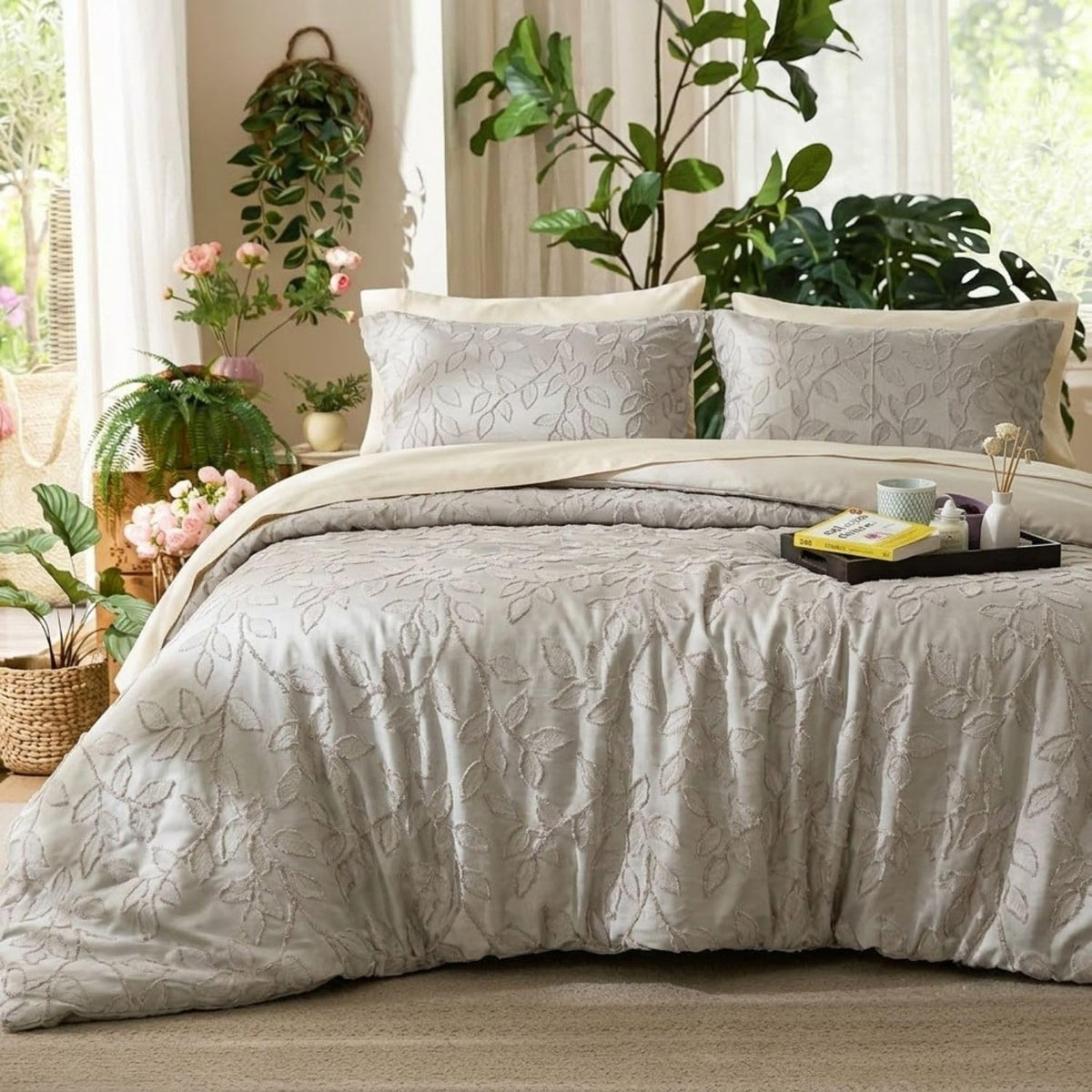 Dream Weaverz Jacquard Bedsheets King Size, 4-Piece Cotton Set Double King Bed | AC Comforter, Flat Sheet & 2 Matching Pillow Covers | Soft, Breathable & Skin-Friendly Self Design, Nude