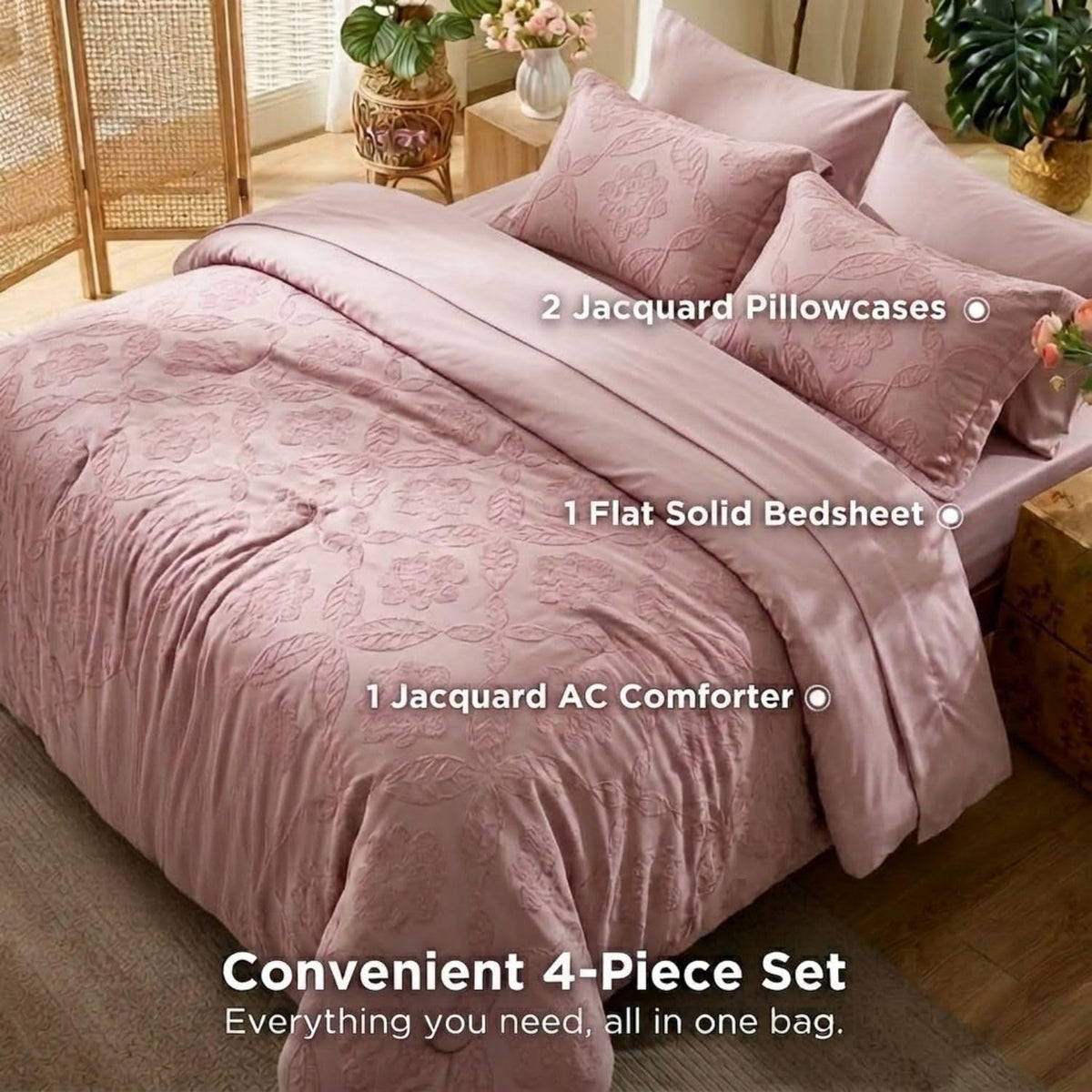 Dream Weaverz Jacquard Bedsheets King Size, 4-Piece Cotton Set Double King Bed | AC Comforter, Flat Sheet & 2 Matching Pillow Covers | Soft, Breathable & Skin-Friendly Self Design, Rose