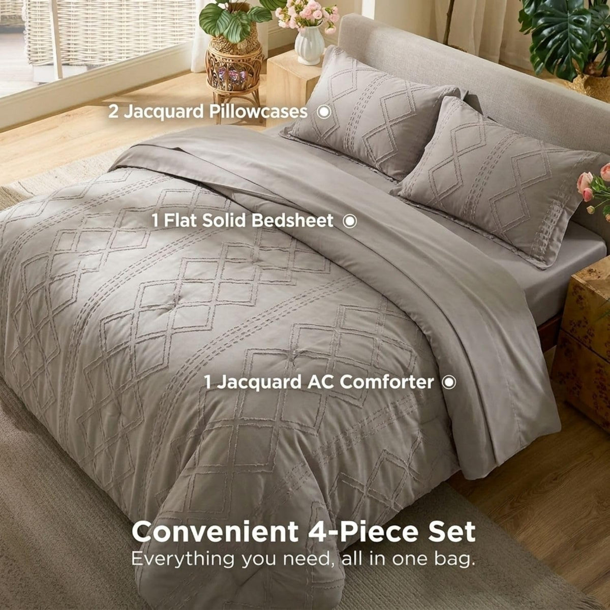 Dream Weaverz Jacquard Bedsheets King Size, 4-Piece Cotton Set Double King Bed | AC Comforter, Flat Sheet & 2 Matching Pillow Covers | Soft, Breathable & Skin-Friendly Self Design, Cream