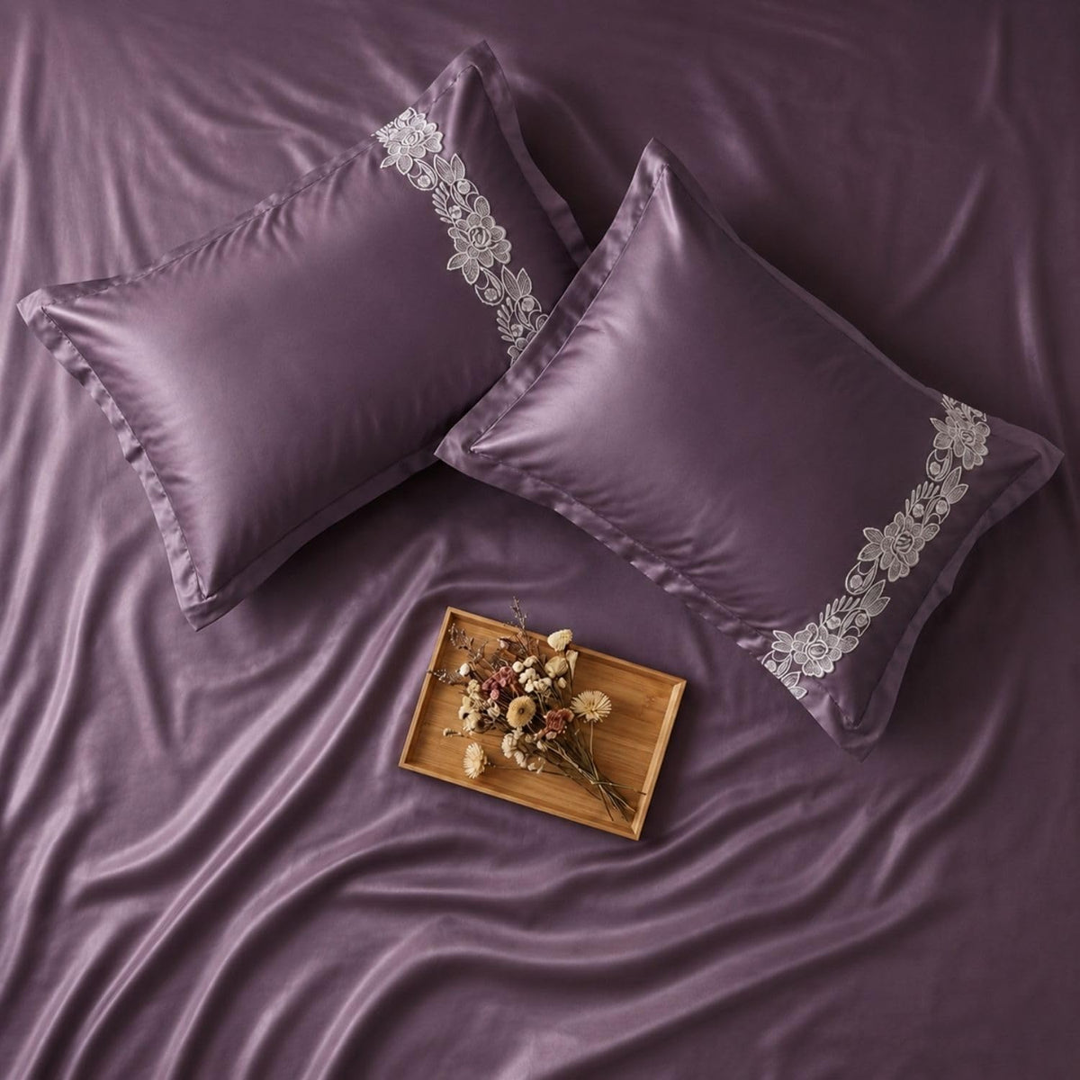 Dream Weaverz Satin Bedsheets King Size, 3-Piece Bedding Set 300 Thread Count Bedsheet & 2 Floral Lace Covers | Prevents Wrinkles, Tangles & Frizz | Retains Moisture, Mauve