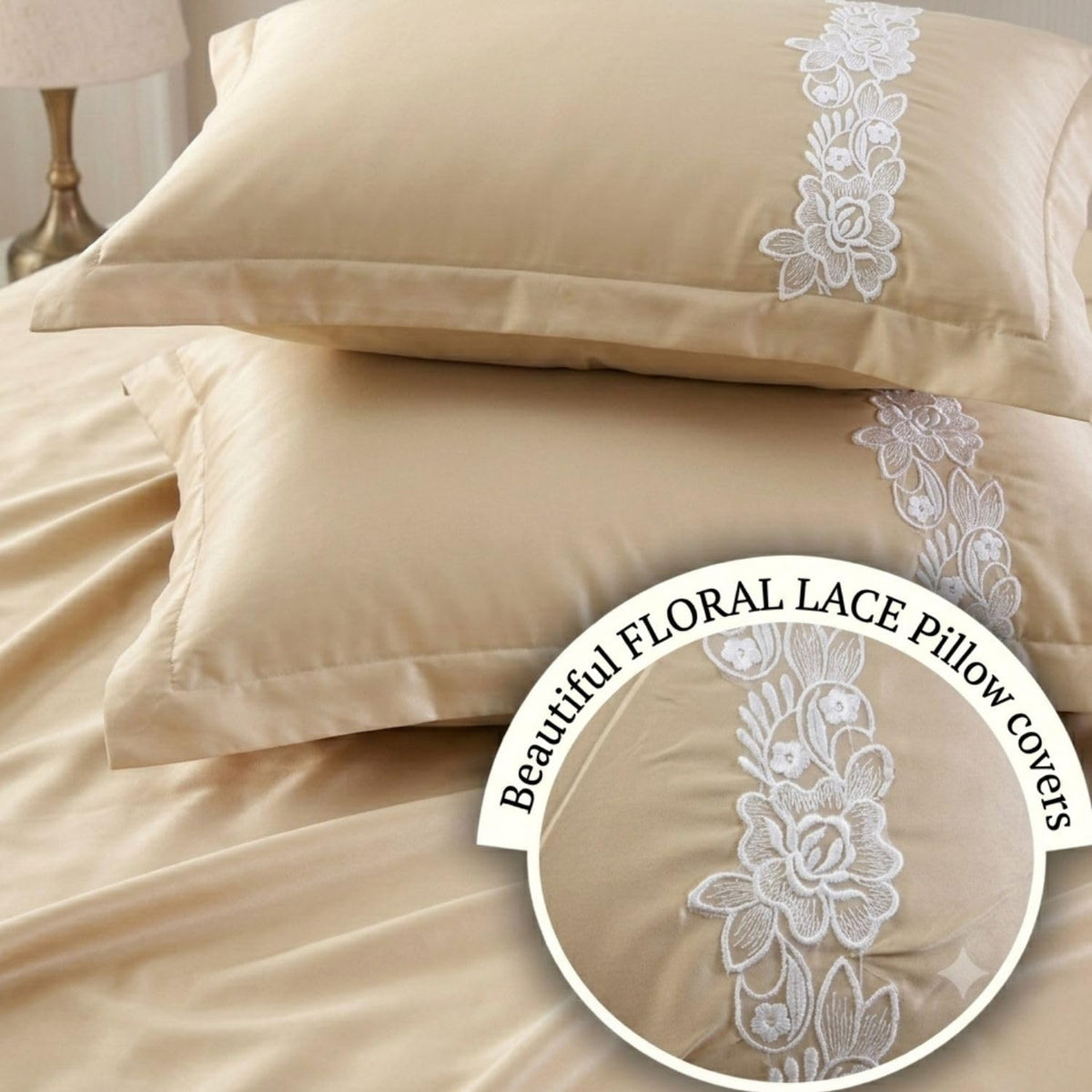 Dream Weaverz Satin Bedsheets King Size, 3-Piece Bedding Set 300 Thread Count Bedsheet & 2 Floral Lace Covers | Prevents Wrinkles, Tangles & Frizz | Retains Moisture, Cream