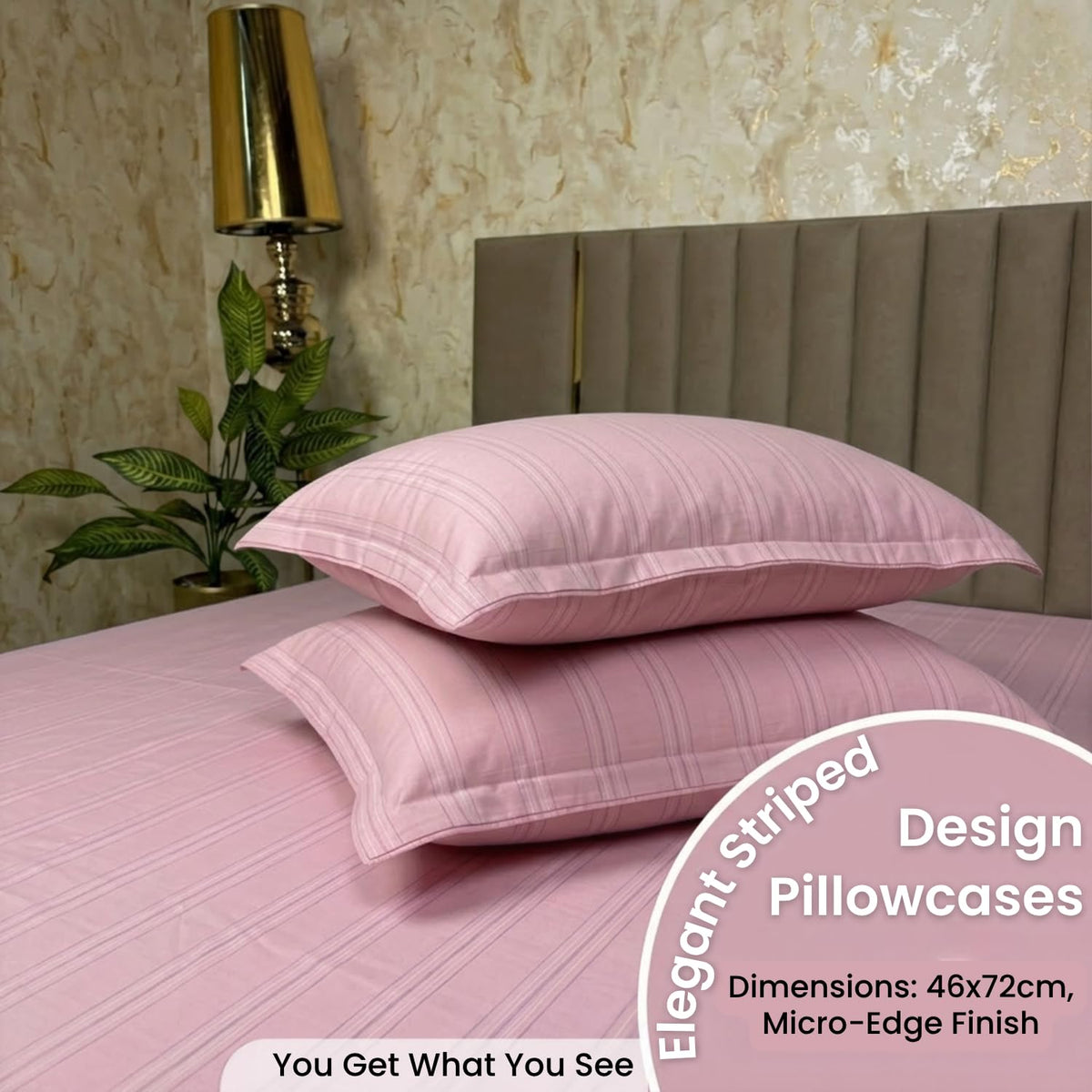 Dream Weaverz Cloud-Cotton King Size Striped Bedsheet with 2 Pillow Covers, 220 TC|Pink