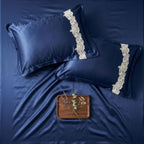 Dream Weaverz Satin Bedsheets King Size, 3-Piece Bedding Set 300 Thread Count Bedsheet & 2 Floral Lace Covers | Prevents Wrinkles, Tangles & Frizz | Retains Moisture, Navy
