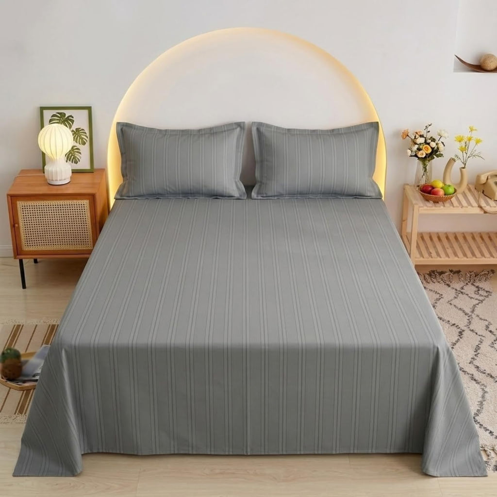 Dream Weaverz Cloud-Cotton King Size Striped Bedsheet with 2 Pillow Covers, 220 TC|Light Grey
