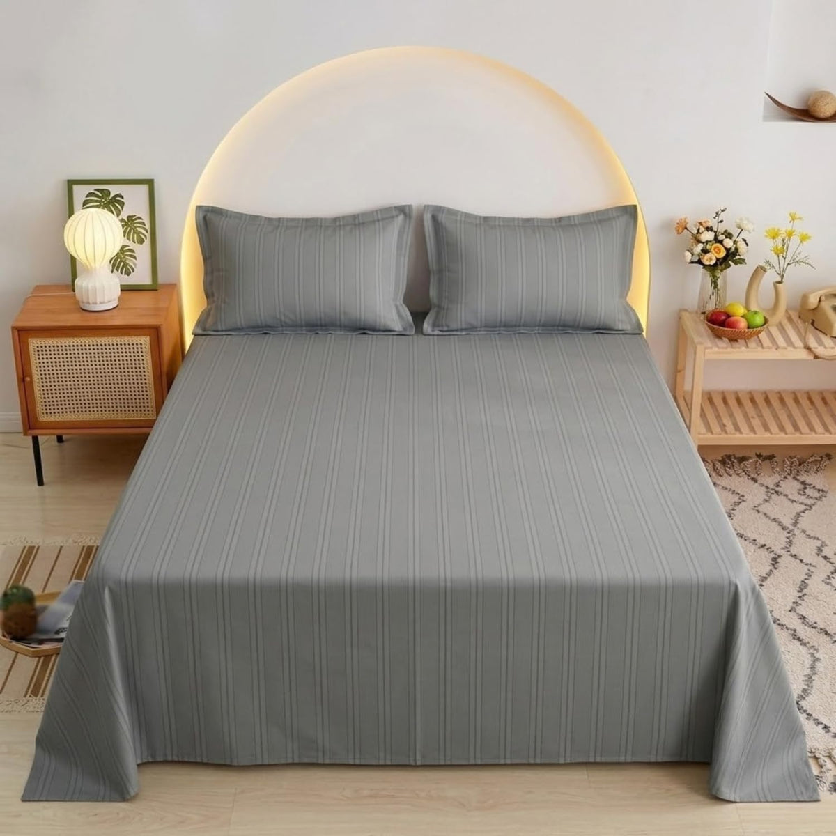 Dream Weaverz Cloud-Cotton King Size Striped Bedsheet with 2 Pillow Covers, 220 TC|Light Grey