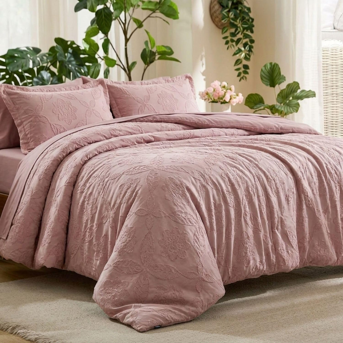 Dream Weaverz Jacquard Bedsheets King Size, 4-Piece Cotton Set Double King Bed | AC Comforter, Flat Sheet & 2 Matching Pillow Covers | Soft, Breathable & Skin-Friendly Self Design, Rose