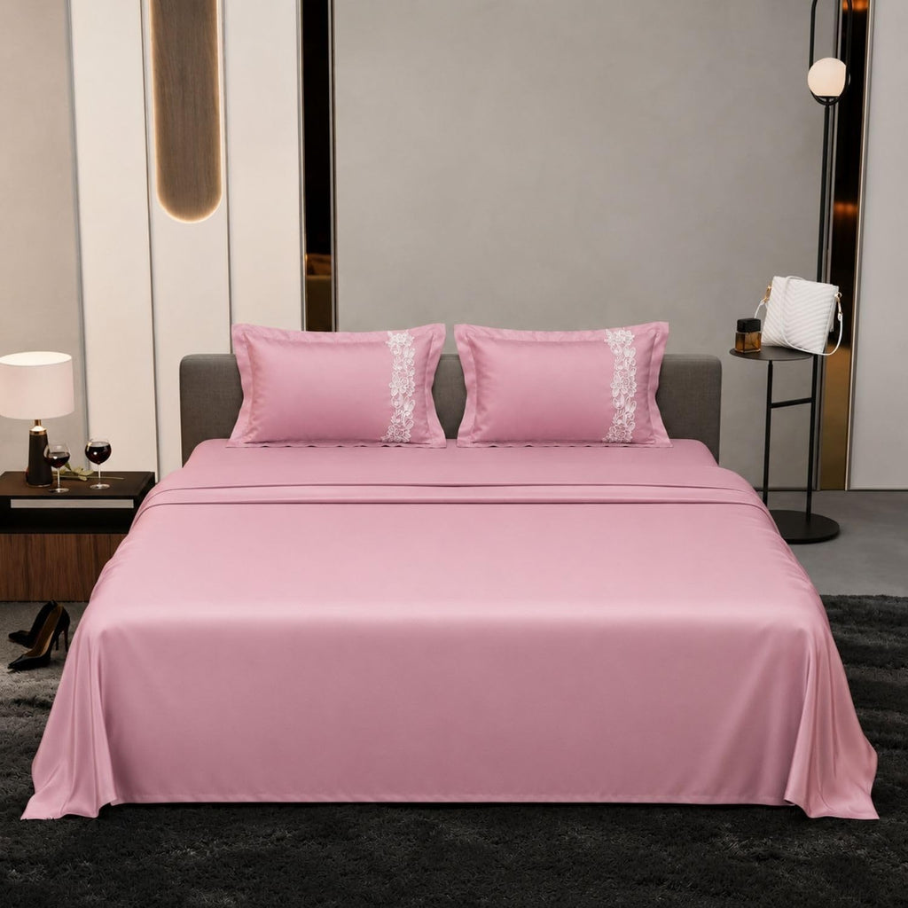Dream Weaverz Satin Bedsheets King Size, 3-Piece Bedding Set 300 Thread Count Bedsheet & 2 Floral Lace Covers | Prevents Wrinkles, Tangles & Frizz | Retains Moisture, Pink