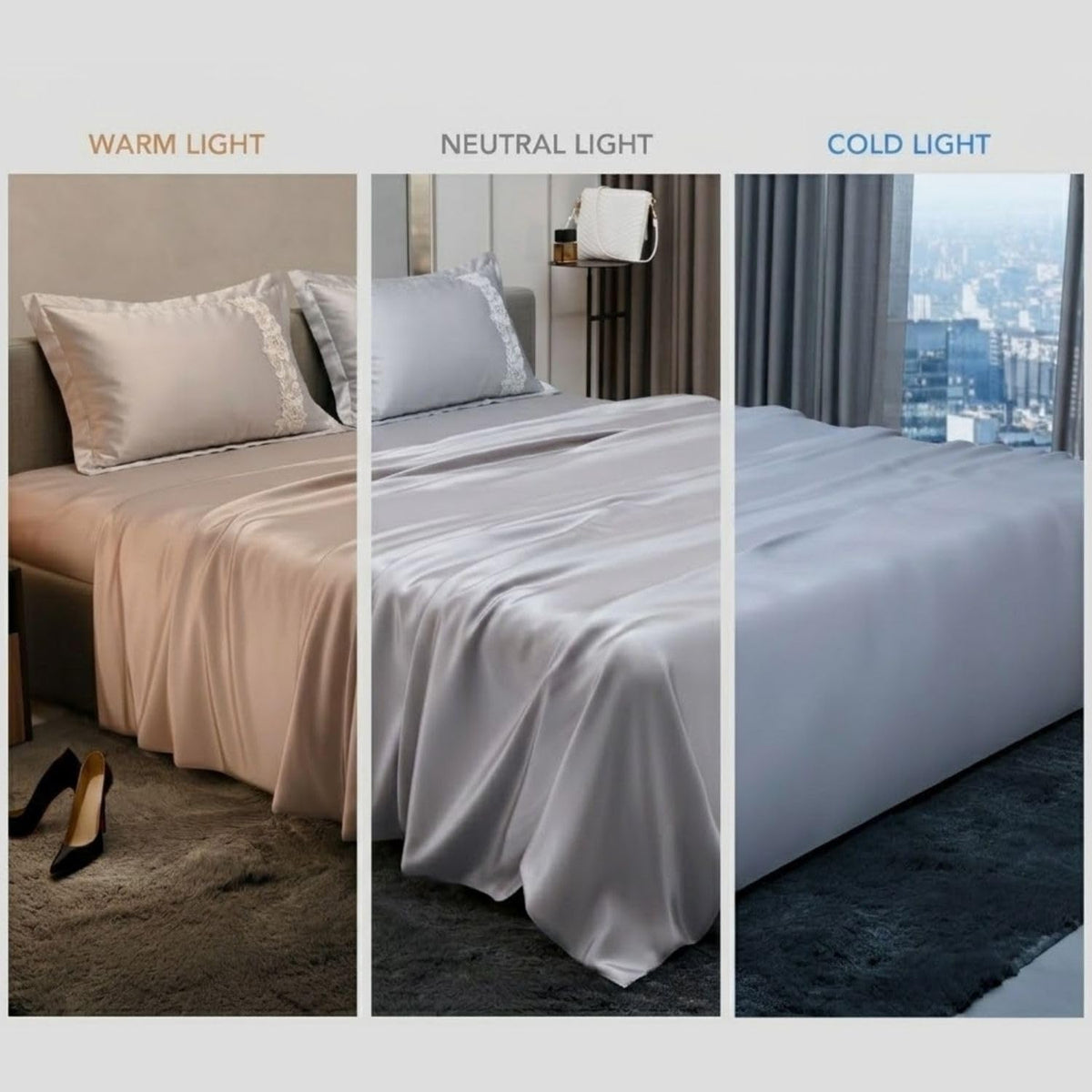 Dream Weaverz Satin Bedsheets King Size, 3-Piece Bedding Set 300 Thread Count Bedsheet & 2 Floral Lace Covers | Prevents Wrinkles, Tangles & Frizz | Retains Moisture, Silver