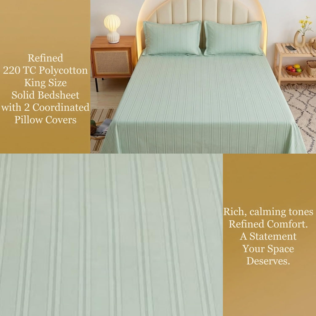 Dream Weaverz Cloud-Cotton King Size Striped Bedsheet with 2 Pillow Covers, 220 TC|Mint Green